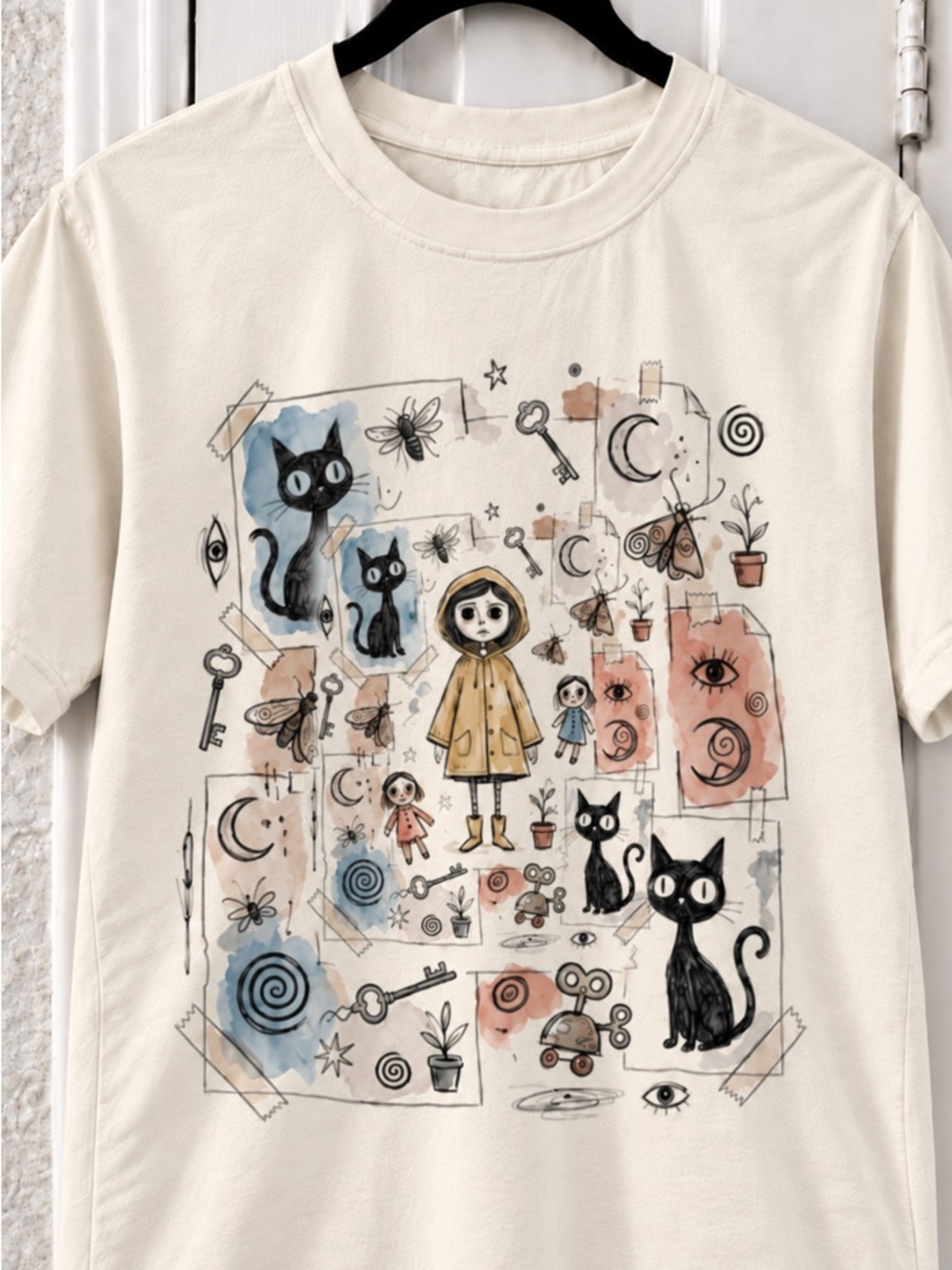 Horror Black Cat And Whimsical Illustration Cream Graphic T-Shirt - Picture 2 of 3